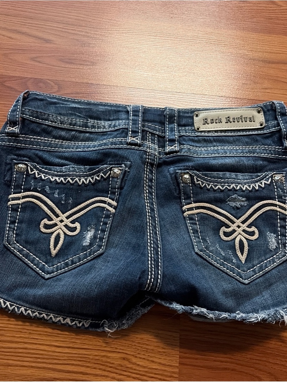 Rock Revival Blue Denim Shorts with White Stitching size 28, Becky